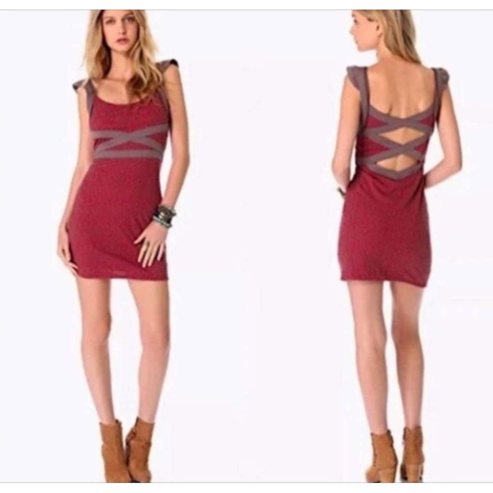 Free People Cross My Heart Red Brown Bodycon Knit‎ Cutout Back Mini Dress M